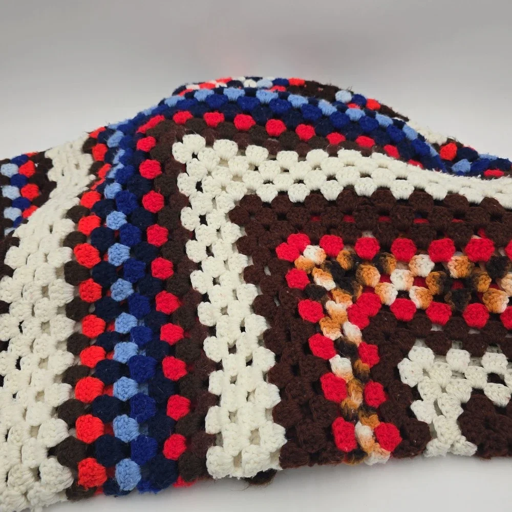 Afghan Throw Granny Square Blanket‎ Vintage Handmade Crochet 64 x 54 Cottagecore